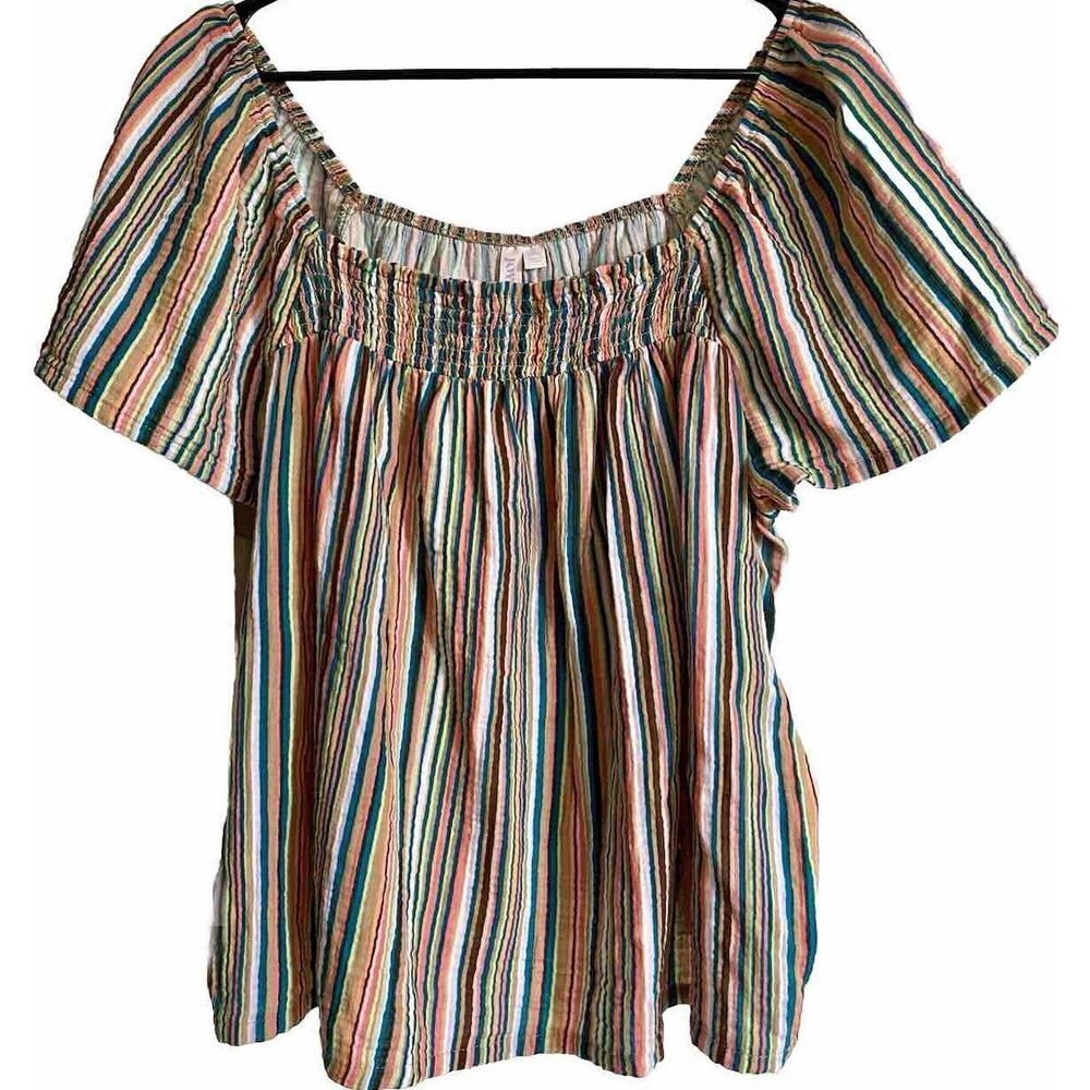 Joyspun XL Striped Multicolor Cotton Teal Pink White Retro Boho Gauzy Top